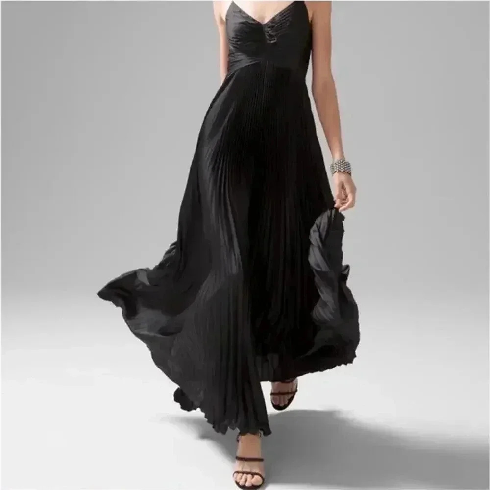 White House Black Market Black Pleated Spaghetti-Strap Maxi Dress